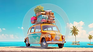 Small retro car with baggage, luggage and beach equipment on the roof, fully packed, ready for summer vacation. Generative Ai