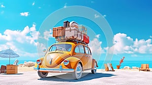 Small retro car with baggage, luggage and beach equipment on the roof, fully packed, ready for summer vacation. Generative Ai