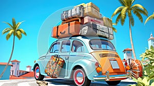 Small retro car with baggage, luggage and beach equipment on the roof, fully packed, ready for summer vacation. Generative Ai