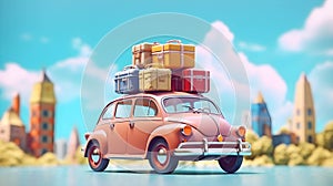 Small retro car with baggage and luggage on the roof, fully packed, ready for summer. Generative Ai