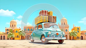 Small retro car with baggage and luggage on the roof, fully packed, ready for summer. Generative Ai