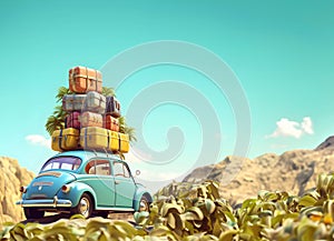 Small retro car with baggage and luggage on the roof, fully packed, ready for summer. Generative Ai
