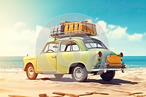 Small retro car with baggage and luggage on the roof ready for summer vacation.Road trip with family and friends concept