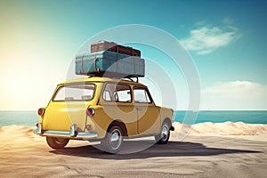 Small retro car with baggage and luggage on the roof ready for summer vacation.Road trip with family and friends concept