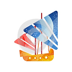 Small retro sailing ship with colored sails flat vector Illustration on a white background