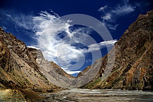 Small river across mountain valley with amazing cloud