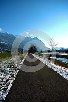 Small river flows through the nature in Vaduz in Liechtenstein 7.1.2021