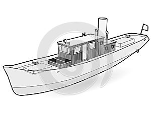 Small river steamer with large chimney. Outlined boat, sea steamship for fishing