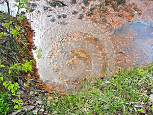 Small river water polluted by rust and solid waste. Sewage in nature. Ecological catastrophe.