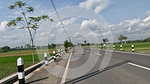 A small road that divides a beautiful rice field area