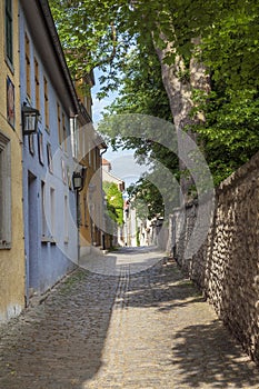Small road with facade of medieval houses in Weimar
