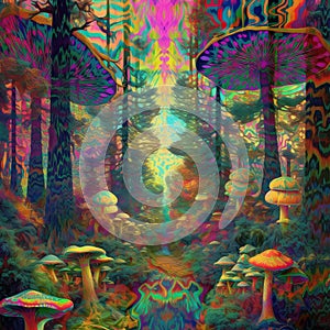 Small road between trees and mushrooms from psychotropic and hallucinogenic view. Mystique forest in vibrant colors