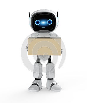 Small robot assistant hand hold cardboard box