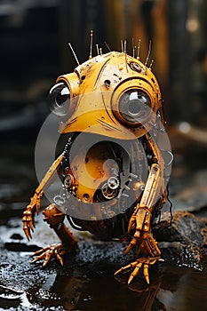 Small Robot With Large Eyes Sits on a Rock