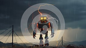 A small robot stands and looks at the tree in the sky with colorful lightning storms. AI Generative