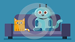 A small robotic catshaped companion sits on the couch next to its furry friend purring and rubbing against them.. Vector photo