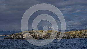 A small rocky island with sparse vegetation in the Beagle Channel. photo
