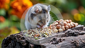 A small rodent eating nuts and seeds on a log, AI