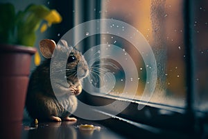 Small rodent sitting on window sill looking out of rainy window. Generative AI
