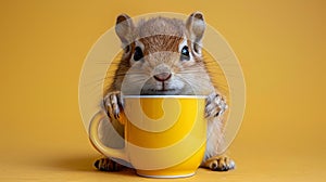 A small rodent with a yellow cup in its mouth, AI