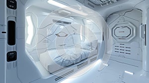 Small room with bed and white walls in spaceship, interior design of starship or home in colony. Living compartment in futuristic