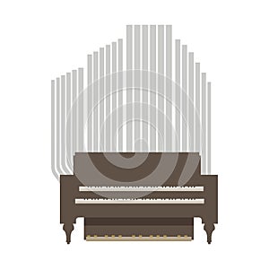 Small room organ wooden brown and gray with two keyboards for hands and one for legs isolated on white background