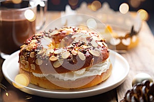 Small `roscon de reyes` filled with whipped cream for Epiphany day in Spain