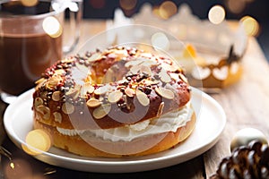 Small `roscon de reyes` filled with whipped cream for Epiphany day in Spain photo