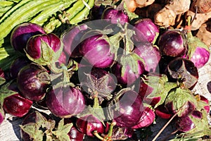 Small round eggplants sold in an Asian food street market