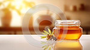 Small round jar with amber honey on white table isolated on white background