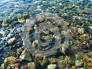 Small round stones under clear clear water
