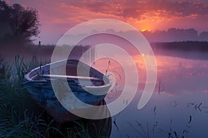 A small rowboat gently docked on the edge of an ancient lake, surrounded by tall grass and reeds under a vibrant sunrise