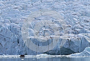 Small rubber boat in front of a glacier front