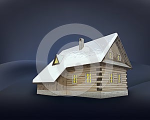 Small rural winter wooden cottage at night