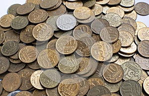 Small Russian coins close-up. Used coins. View from above. Coins in denominations of five, ten, fifty kopecks photo