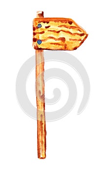 Small rustic wooden arrow signpost watercolor illustration.