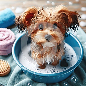 Small, sad dog sitting in soapy water, in a bowl.