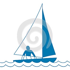 Small sailing boat. Sloop. Ship coming through waves under sail. Man on board. Vector illustrations