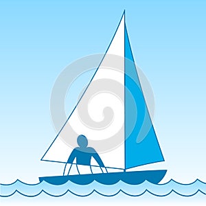 Small sailing boat. Sloop. Ship coming through waves under sail. Man on board. Vector illustrations