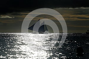 Small sailing boats at the sunset. Boracay, Philippines