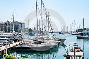 Small sailing boats and yachts docked at port of Piraeus, Greece