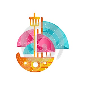 Small sailing ship with blue and pink sails flat vector Illustration on a white background