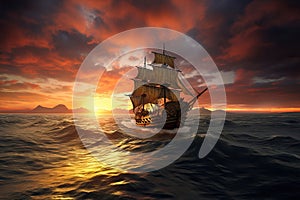 Small sailing ship in the open sea at sunset.