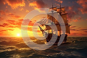 Small sailing ship in the open sea at sunset.