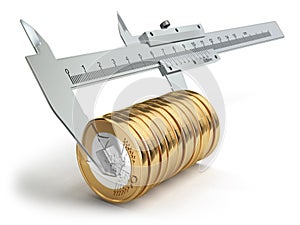 Small salary concept. Caliper measuring coins euro.