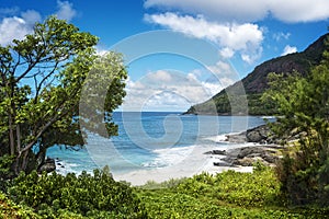 Small sandy beach between volcanic rocks