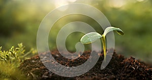 Small sapling plant sprouting in dirt, growing and thriving in rays of sunlight