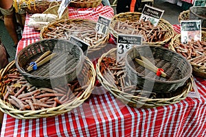 Small sausages at local market in Arles, France