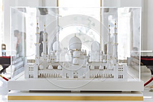 Small scale of Sheikh Zayed Grand Mosque in glass box at Abu Dhabi, UAE