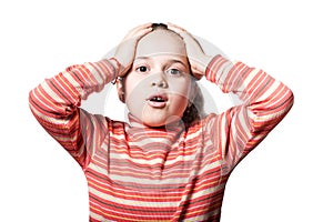 Small schoolgirl shocked and holding her head, Scared little girl isolated on a white. Surprised child